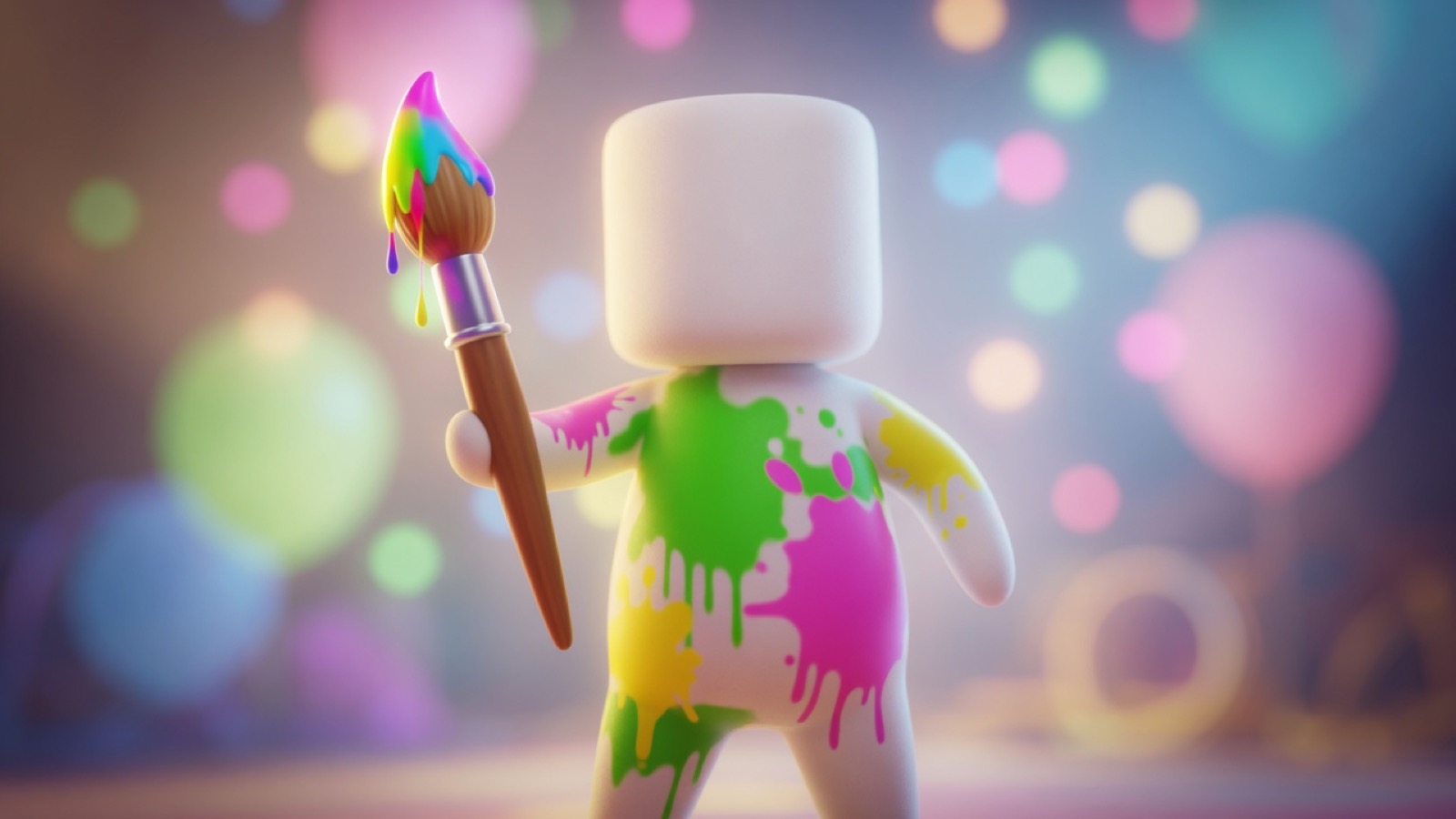 A paint-splattered marshmallow gecko holding a rainbow brush