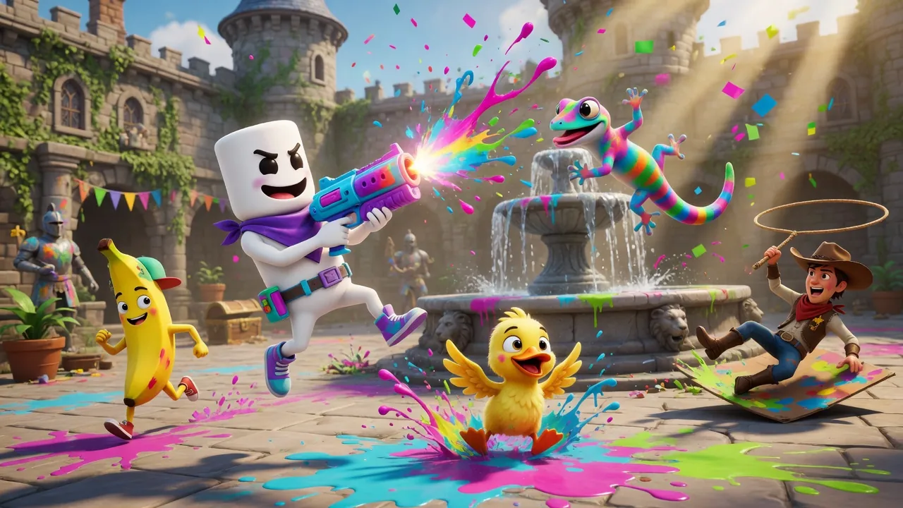 Loading-screen artwork: Marshmallow blasts paint across Castle Keep while Gecko, Duck, Banana and Cowboy scatter
