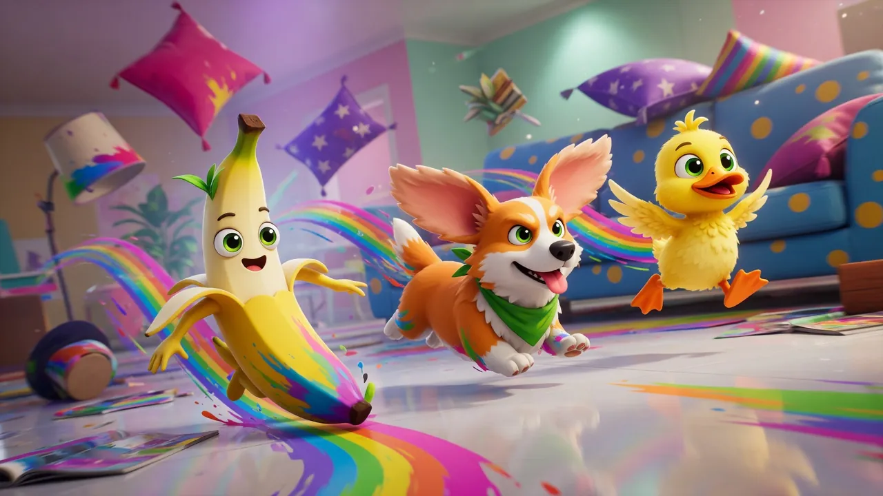 Banana, Corgi and Duck dash across a paint-splattered living room
