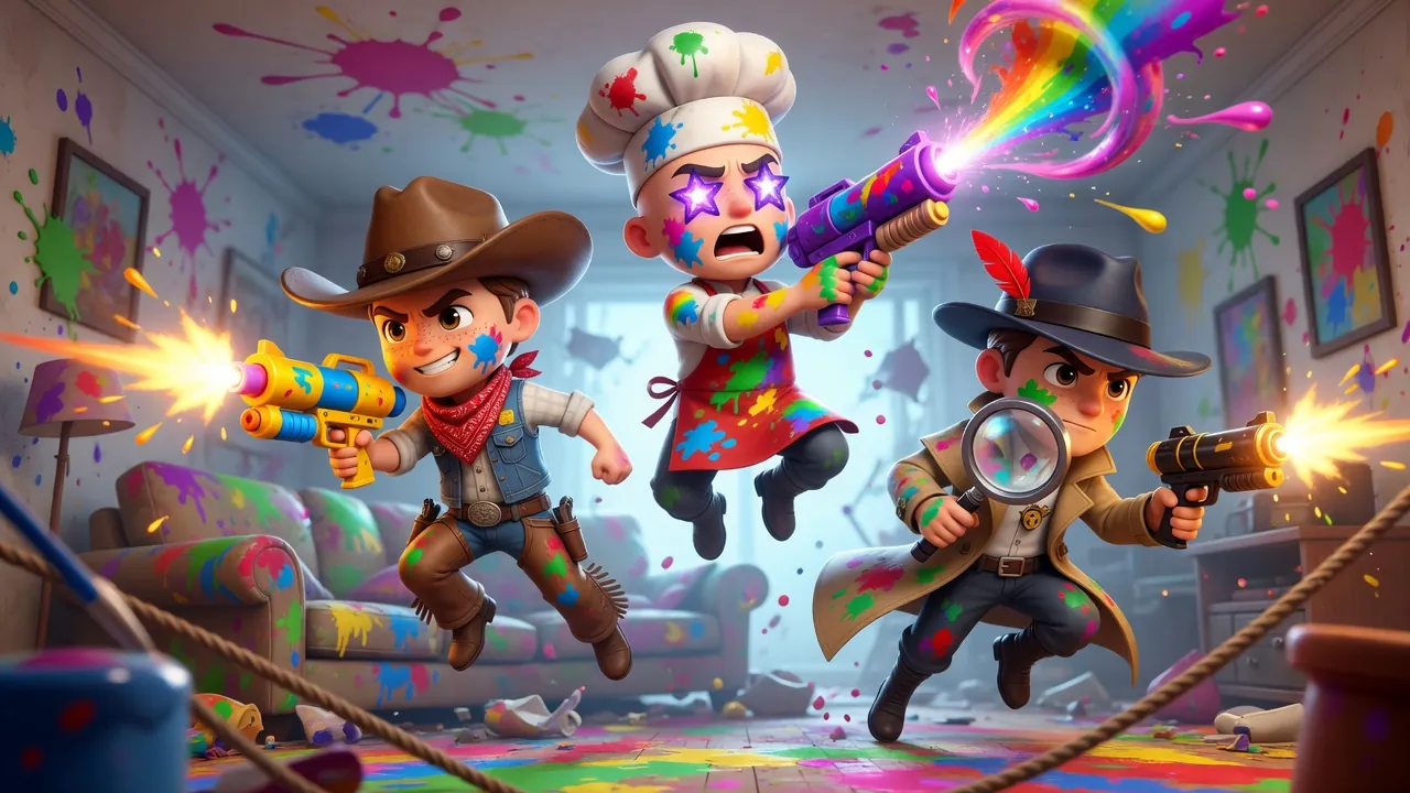 Cowboy, Chef and Detective charge in with paint blasters in the seeker-squad loading artwork