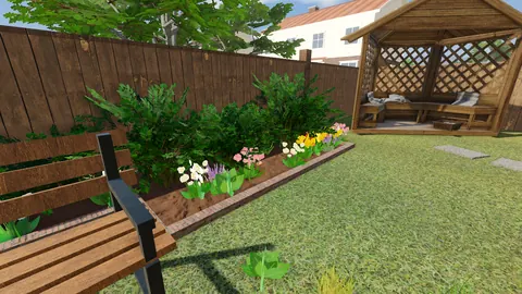 Gecko House backyard gazebo and flower beds