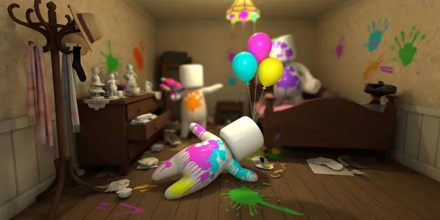 A painted hider sprawled on a bedroom floor while Marshmallow searches