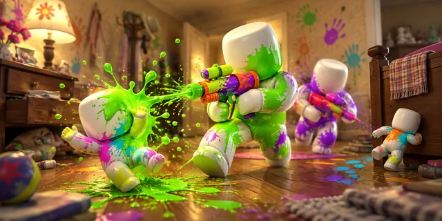 Green-splattered seekers tagging a hider in a bedroom